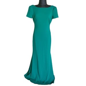 Badgley Mischka Emerald Green Short Sleeve V Plunge Back Gown Dress sz 0